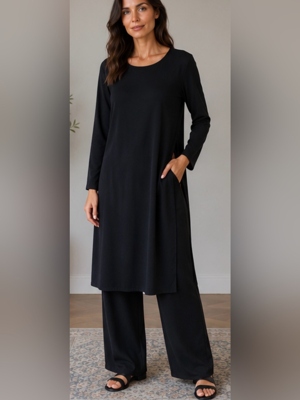 Eileen Fisher Womens M Black 100% Silk Tunic Dress High Side Slits Long Sleeve - Picture 2 of 13